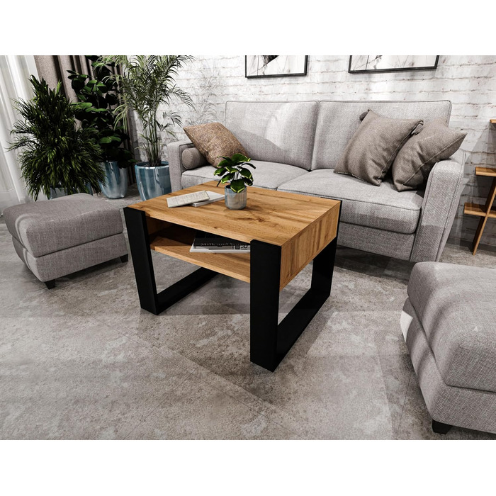 Журнальний столик 6553,6 см Стіл для вітальні з інженерної деревини, Міцний та сучасний журнальний столик з додатковим місцем для зберігання Журнальний столик, дуб Вотан/чорний, прямокутний 6553,6 см Дуб Вотан / чорний