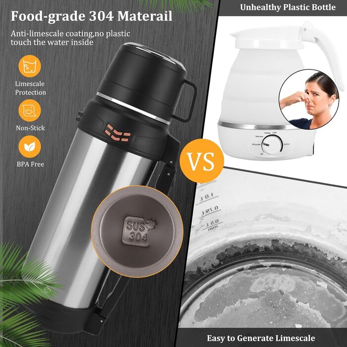 Вакуумно-ізольована пляшка місткість 2 л, металева пляшка для води з нержавіючої сталі для гарячих та холодних напоїв, термопляшка з чашкою без бісфенолу А, портативна дорожня пляшка для води з ручкою для перенесення, 2000 мл