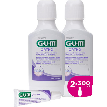 Ополіскувач для порожнини рота GUM ORTHO Спеціально для тих, хто носить брекети Зменшує утворення зубного нальоту зміцнює зубну емаль без алкоголю Смак м'яти перцевої 2 x 300 (з 1 безкоштовним зразком)