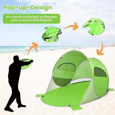 Пляжний намет GOPLUS, розкладний пляжний намет для 3-4 осіб, намет, що кидається, з сонцезахисним тентом та вітрозахисним захистом, легкий та портативний з сумкою для перенесення, сонцезахисний намет для сімей, пляжу, кемпінгу, газону, саду (зелений)