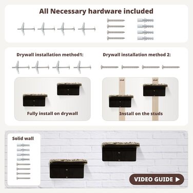 Комплект із 2 настінних сходинок для котів - Дерев&39яна полиця для лазіння для котів на стіну - Настінні сходинки для котів з килимком для когтеточок - Настінні котячі меблі для стрибків, гри та відпочинку, Сходинки з горіха - Горіх