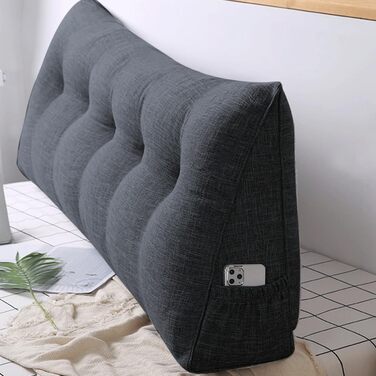 Клиноподібна подушка, трикутна, з поперековою підтримкою, велика подушка для спини, бавовна та льон, подушка для читання для ліжка, знімна подушка для читання (темно-сіра, 160 x 50 x 20 см, бавовна та льон) Темно-сіра бавовна та льон 160x50x20 см