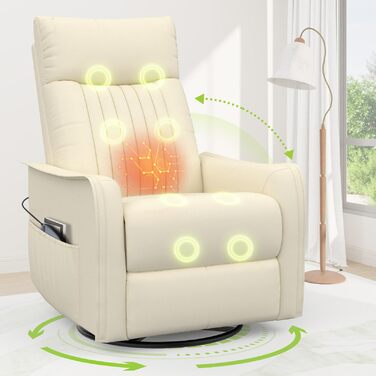 Крісло для телевізора, масажне крісло з функцією відкидання, крісло для релаксації з підігрівом та масажем, крісло для телевізора з поворотом на 360 для вітальні, крісло-гойдалка з м&39яким підголівником, 2 бічні кишені, ПУ кремово-білий колір