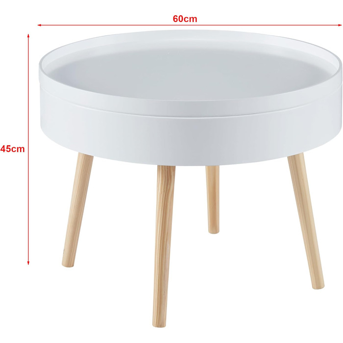 Журнальний столик Bongard зі знімним підносом, круглий бічний столик з гладкою поверхнею, Ø60 x 45 см, для вітальні, низький столик для зберігання, журнальний столик з місцем для зберігання, білий, сучасний