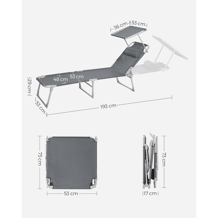 Шезлонг SONGMICS, розкладний крісло-реклайнер, 193 x 53 x 29 см, витримує до 150 кг, сонцезахисний козирок, підголівник, регульована спинка, для саду, басейну, патіо, темно-сірий GCB19UV1 темно-сіра подушка не входить до комплекту