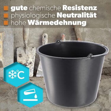 Відро будівельне KADAX, 20 л, пластикове відро для розчину, кругле відро для будівництва та саду, міцне відро для води, відро для цементу з металевою ручкою, ящик для розчину, чорний, відро для штукатурки (1)