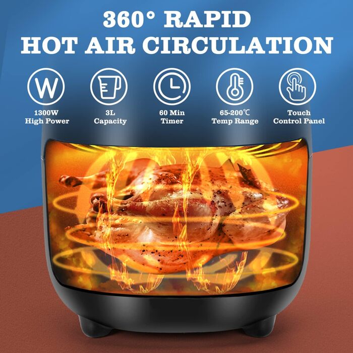 Фритюрниця без олії, 3 л, фритюрниці з 8 програмами, цифровий світлодіодний сенсорний екран, антипригарне покриття, регулювання часу та температури, без бісфенолу А, 1300 Вт
