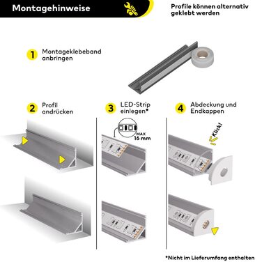 Алюміній Світлодіодний алюмінієвий профіль анодований 200 см Кутовий профіль Обкладинка з опалів для світлодіодних стрічок 16 мм підходить для Philips Hue 2 хв Шпрее (Ereloxiert150klar)