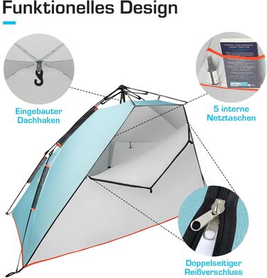 Розкішний пляжний намет Active Era із захистом від ультрафіолету SPF 50, водовідштовхувальний пляжний намет XXL, просте встановлення, намет на 5 осіб, ідеальний вітрозахисний захист для пляжу, саду та кемпінгу, невеликий розмір у упаковці - синій