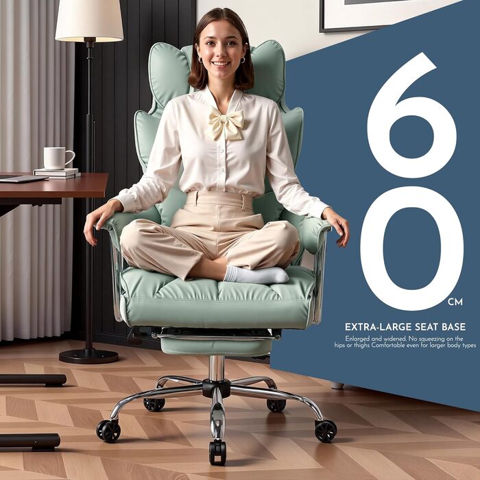 Ергономічне офісне крісло Efomao, крісло керівника зі штучної шкіри, офісне крісло вантажопідйомністю 200 кг з підставкою для ніг та поперековою опорою, регульоване крісло з високою спинкою, світло-зелене