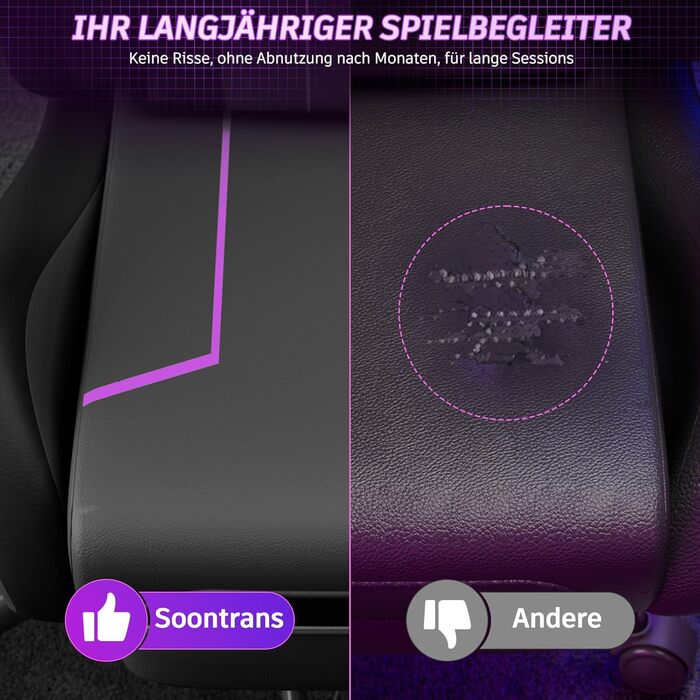 Ігрове крісло Soontrans з функцією масажу KJ433 Ігрове крісло з підставкою для ніг та підголівником Спинка ігрового крісла відкидається до 135 Вантажопідйомність 150 кг (сіро-фіолетове)