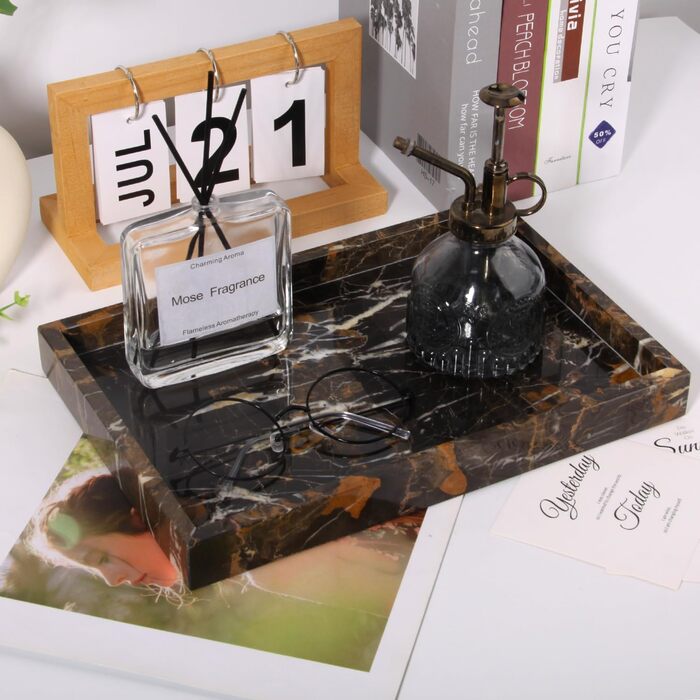 Мармуровий піднос, натуральний піднос для ключів, піднос для ванної кімнати, кухонний органайзер для стільниці, серветки, свічки, рушник, ювелірні вироби, рослина, косметичні підноси (чорне золото, 30 x 20 x 3 см) Чорне золото 30 x 20 x 3 см