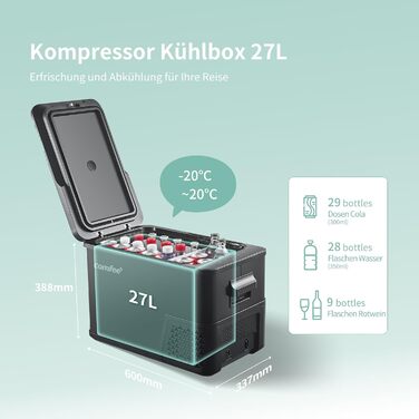 Компресорний холодильник Comfee RCP27DK3(E) об&39ємом 27 л, електричний туристичний холодильник 12 В/230 В, від -20 до 20, 3 регульовані рівні температури, рівень шуму 45 дБ, ідеально підходить для автомобіля, вантажівки, пляжу, пікніка клас енергоспожива