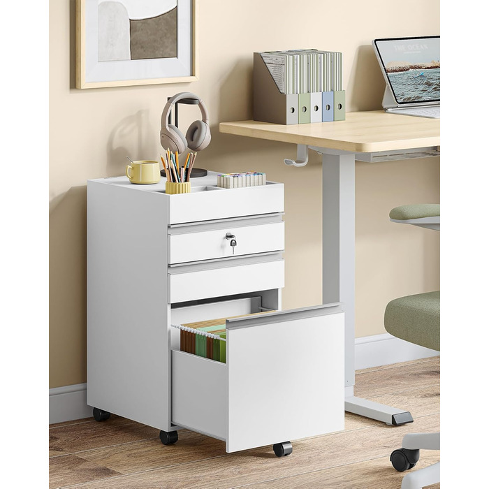 Контейнер на колесах Hzuaneri, шафа для документів, офісна шафа, що замикається, з 3 шухлядами, додаткове місце для зберігання зверху, шафа з шухлядами для формату DIN A4, Letter, для офісу, домашнього офісу, 40 x 40 x 70 см Білий FC41003XV1