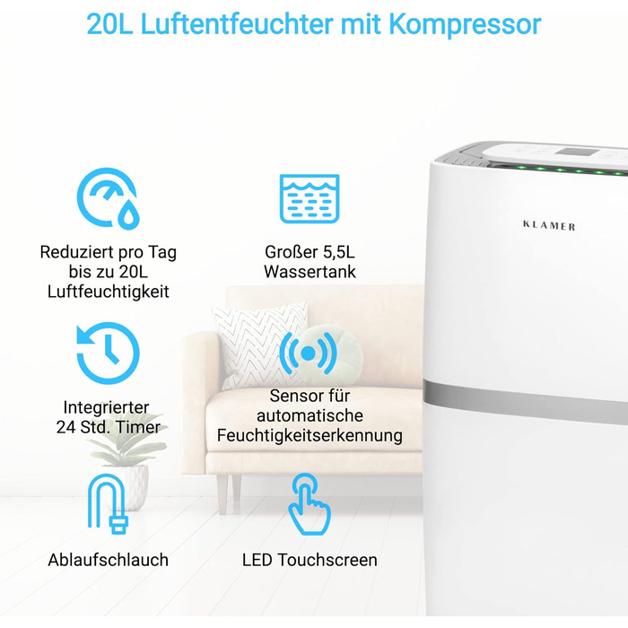Електричний осушувач KLAMER 20 л, циркуляція повітря 195 м на годину, потужний осушувач повітря в приміщенні 420 Вт, осушувач з єм