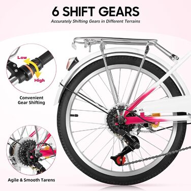 Преміальний 20-дюймовий велосипед для дівчаток, 6 швидкостей, рожевий, рама з вуглецевої сталі з передніми та задніми гальмами, регулювання висоти для зросту 145-165 см, максимальне навантаження 90 кг
