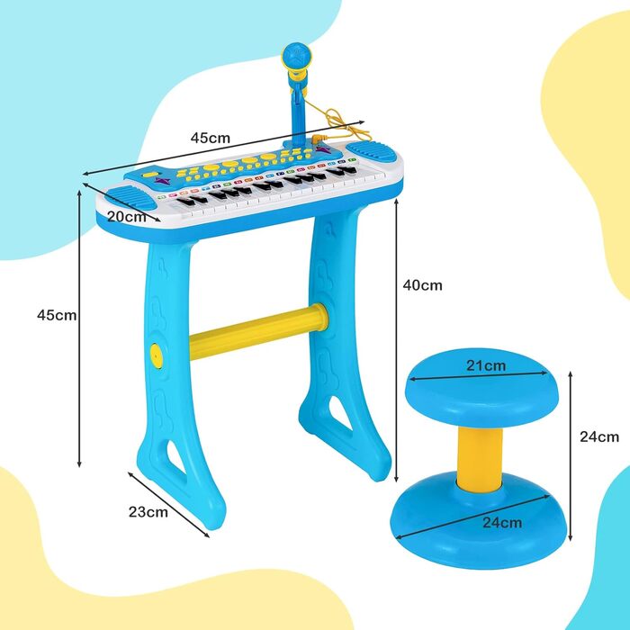 Дитяча клавіатура COSTWAY з 31 клавішею, портативний музичний інструмент з декількома звуками та світловими ефектами, регульованим мікрофоном та стільчиком, миле іграшкове піаніно для дітей віком від 3 років (синє)