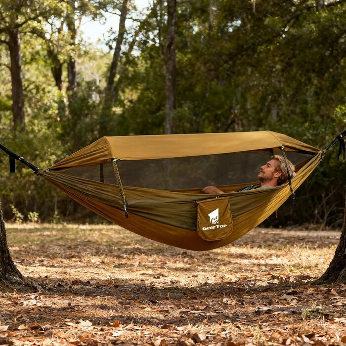 Оновлений гамак для вулиці 3-в-1 з москітною сіткою та сонцезахисним навісом, надлегкий кемпінговий гамак з вантажопідйомністю 200 кг для використання на свіжому повітрі, кемпінгу, походів, зелений