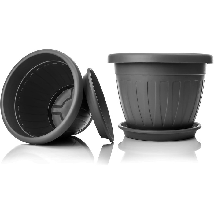 Квітковий горщик BigDean 6 шт. з блюдцем, круглий ø28xH20 см, антрацит - всепогодний горщик - водовідвідний, стійкий до ультрафіолету, виготовлений з ударостійкого пластику - підходить для використання в приміщенні та на вулиці - зроблено в Європі, антрац