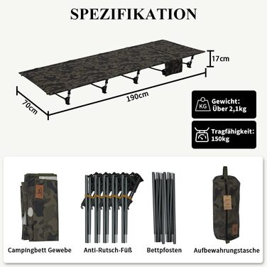 Надлегке розкладне похідне ліжко 190x70 см з алюмінію, компактне туристичне ліжко, легке в установці, міцне туристичне ліжко для наметів, походів на свіжому повітрі, подорожей, пляжу - камуфляжно-зелене