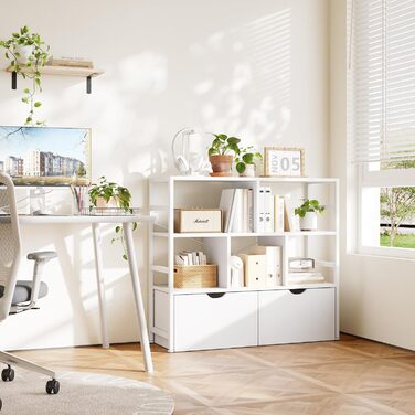 Книжкова полиця Dripex з 2 шухлядами, книжкова шафа з 7 відділеннями з дерева та металевого каркасу, окремостояча кубічна полиця для спальні, вітальні, кабінету, офісу, 33 x 100 x 90 см, біла