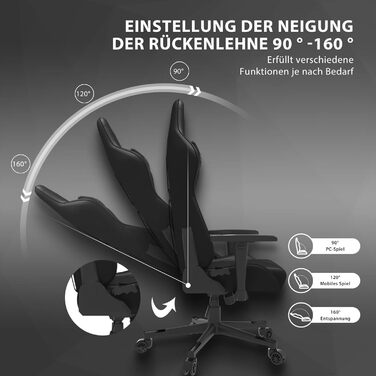 Офісне крісло Gaming Spellcaster, ергономічне крісло для геймерів, підлокітники, цільна сталева рама, регульований кут нахилу, чорний колір, 43-52 x 69,5 x 57 см, 5907783039720, шкіра чорного кольору