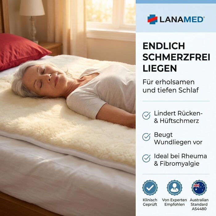 Протипролежневий килимок з надщільної вовни натурального походження, LANAMED, 50 x 80 см. Знімає тиск, зменшує зсув, дихає. Можна прати в пральній машині та сушильній машині (30-95C). 50 x 80 см / 50 x 80 x 3 см