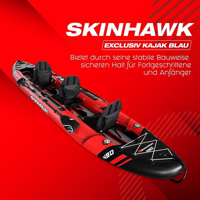 Ексклюзивний червоний набір для каяків SKINHAWK 480 - Надувний човен - Каное - 480 x 96 см - 3-місний каяк. Набір для каяків Skinhawk 480 з алюмінієвим веслом.