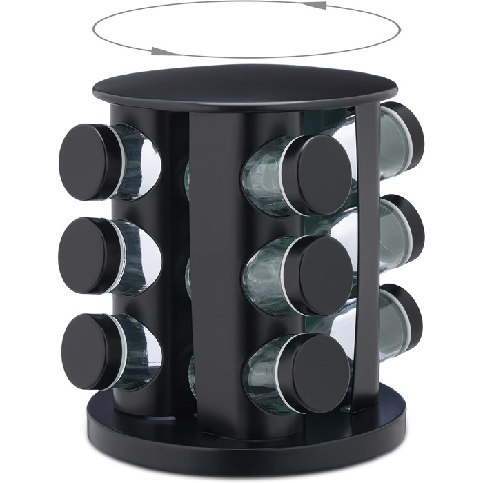 Карусель для спецій Relaxdays з 12 баночками для спецій, включаючи вставку-шейкер, обертова, багаторазова підставка для спецій для кухні, чорна