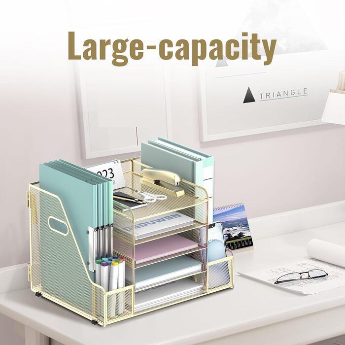 Настільний органайзер SUPEASY Grid з тримачем для файлів, 5-шаровий лоток для паперу та листів з тримачем для журналів, настільний органайзер та блок зберігання, золотистий