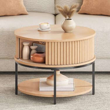 Круглий журнальний столик YITAHOME, журнальний столик з 2-рівневим місцем для зберігання, журнальні столики з розсувними дверима в дизайні тамбура для вітальні, дерев&39яні журнальні столики, дуб класичний