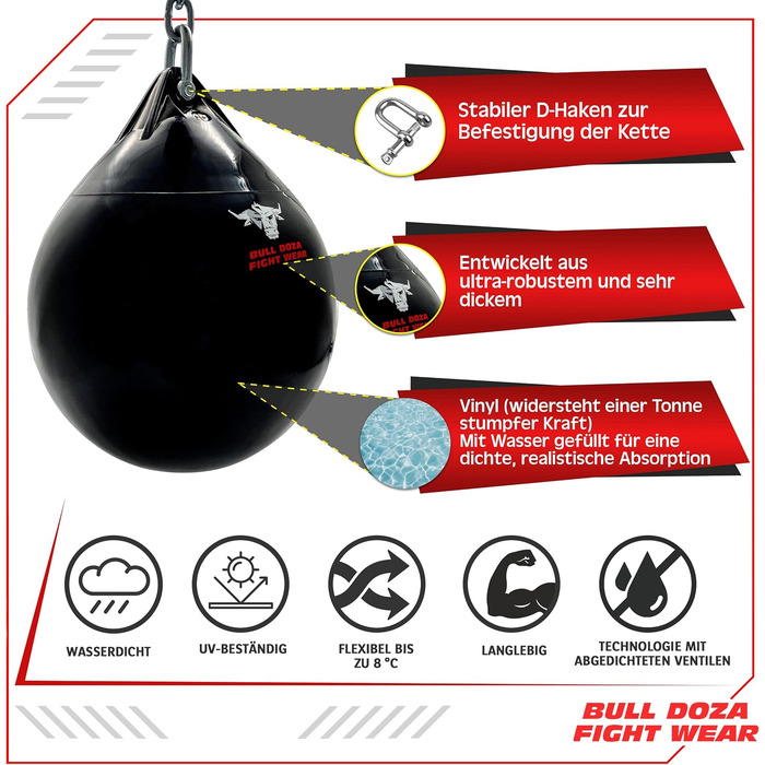 Боксерський мішок Bull Doza Fight Wear Water - Міцний - Водонепроникний - Три розміри M (40 см) 33 кг