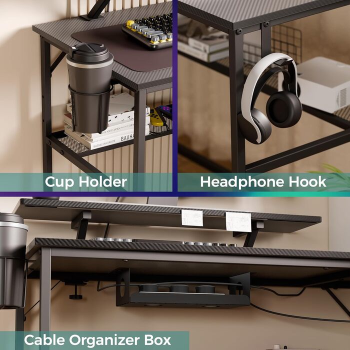 Г-подібний стіл Mondeer зі світлодіодним підсвічуванням, ігровий стіл 130 x 130 см з 2 розетками та 2 портами USB для зарядки, кутовий стіл із сітчастим відділенням для зберігання та гачками, для домашнього офісу та спальні, колір сажа