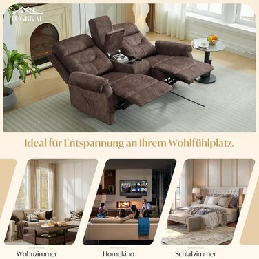 Крісло для кінотеатру, 2-місний диван з консоллю, двомісне крісло для телевізора, крісло-реклайнер з функцією відкидання, 2-місне крісло для кінотеатру, крісло-реклайнер, регульоване, 2-місний диван, крісло для телевізора, вітальня з підсклянником, коричн