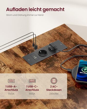 Г-подібний кутовий стіл, комп&39ютерний стіл з місцем для зберігання, офісний стіл, полиця з регульованою висотою, для домашнього офісу, з 2 розетками змінного струму та 2 USB-портами, 120 x 80 см, вінтажно-коричневий LWD132KD01 Подовжувач живлення 120 x 