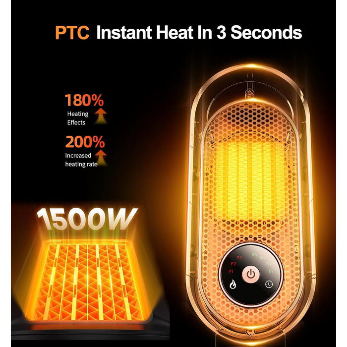 Електричний вентилятор-обігрівач, портативний кімнатний обігрівач, енергозберігаючий швидкий PTC-обігрівач потужністю 1500 Вт, керамічний вентилятор-обігрівач з термостатом, таймером та 3 режимами, захист від перегріву та перекидання для офісу та спальні