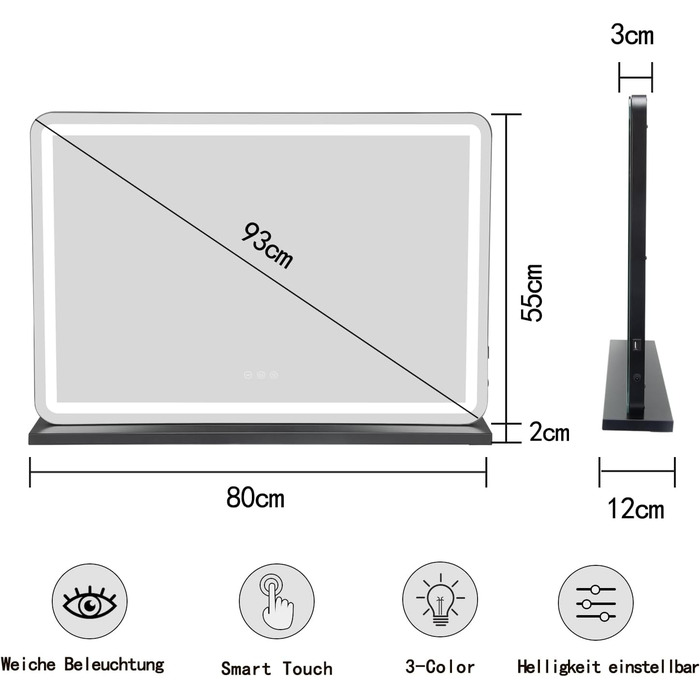 Голлівудське дзеркало для макіяжу LIANWANG з підсвічуванням, голлівудське дзеркало з 3 колірними температурами, велике дзеркало для макіяжу з сенсорним управлінням і USB для макіяжу 80 X 55 см - чорне