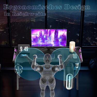 Ігровий стіл 120x60 см Ігровий стіл зі світлодіодним освітленням Комп&39ютерний стіл з карбоновою поверхнею Офісний стіл ПК з гачком для навушників та тримачем для напоїв, чорний 120 см