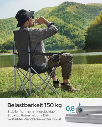 Складаний кемпінговий стілець SONGMICS, 2 шт., зручна міцна конструкція, витримує до 150 кг, з тримачем для напоїв, вуличний стілець, чорний