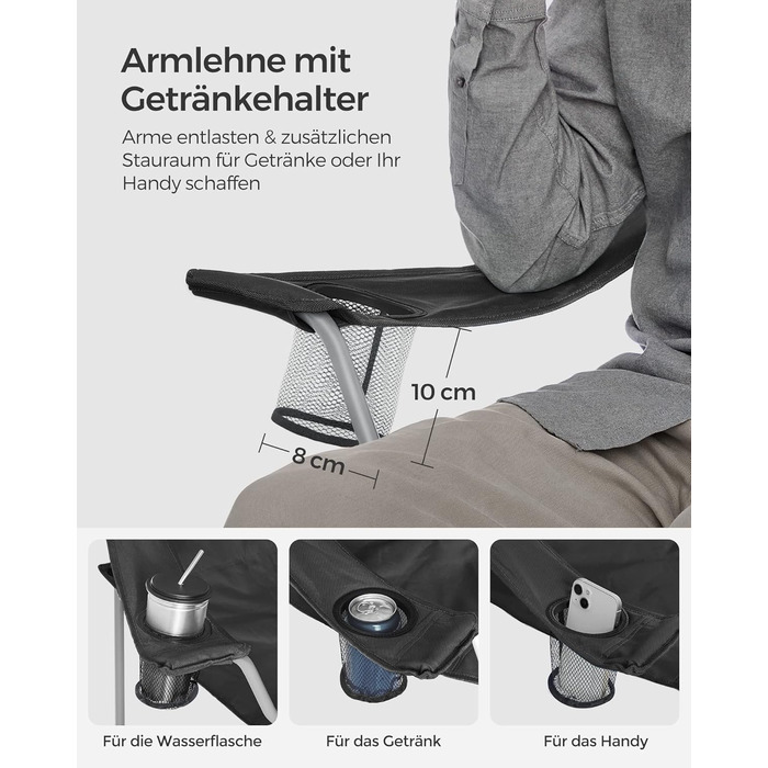 Складаний кемпінговий стілець SONGMICS, 2 шт., зручна міцна конструкція, витримує до 150 кг, з тримачем для напоїв, вуличний стілець, чорний