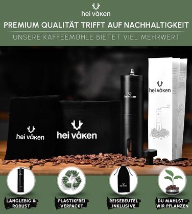 Ручна кавомолка HEI Vken з конічною кавомолкою - Регульований помел - Ручна кавомолка з нержавіючої сталі для дому та в дорозі