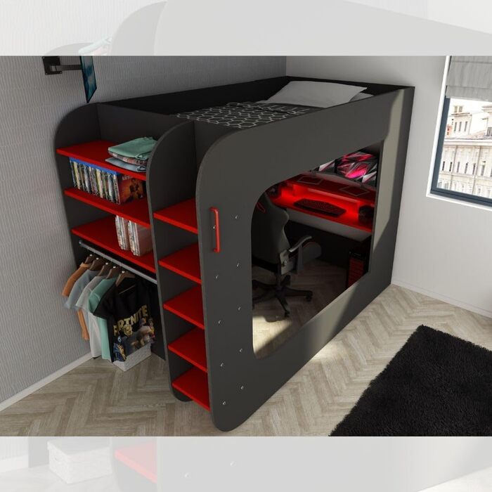 Дитяче двоярусне ліжко з ігровим столом в антрацитовому та червоному кольорах