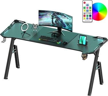 Ігровий стіл зі світлодіодним освітленням, 160x60 см, ігровий стіл з А-подібною рамою, стабільний ігровий стіл для ПК з крутим вуглецевим покриттям, ергономічний дизайн з гачком для навушників та підсклянником, легко збирається, 160 x 60 см зі світлодіодн
