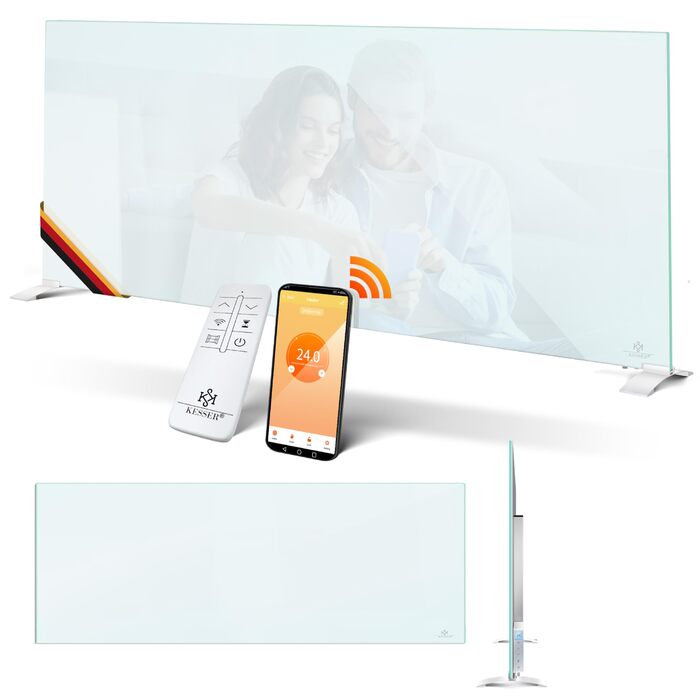 Інфрачервоний обігрівач KESSER 600 Вт, скляний конвектор, енергозберігаючий, 2-в-1, окремостоячий та настінний електричний обігрівач з датчиком відкритого вікна дистанційним керуванням та керуванням через додаток, термостат, нагрівальна панель 600 Вт, біл