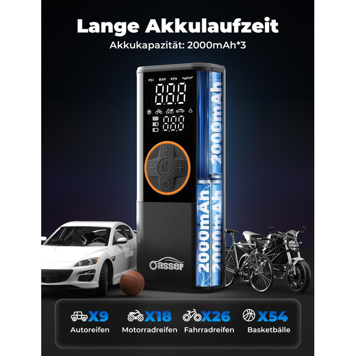 Електричний повітряний насос Oasser з подвійним дисплеєм 6000mAh 150 PSI, акумуляторний компресор з 3M 12V прикурювача для автомобіля, мотоцикла, велосипеда, м&39яча, подорожей, кемпінгу