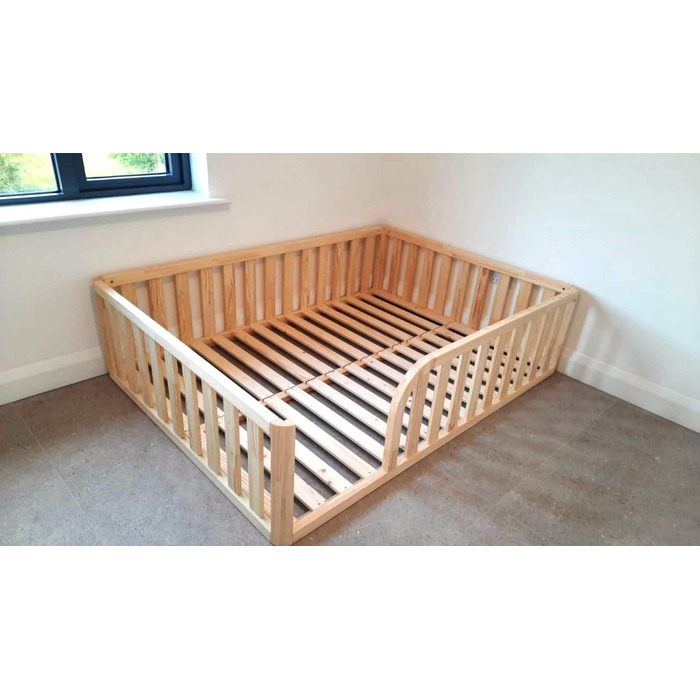 Ліжко Монтессорі, підлогове ліжко з рейковою основою, ліжко з захисними поручнями, дитяче ліжко, дерев&39яне ліжко з каркасом для хлопчиків та дівчаток, 200x120 см, натуральне дерево 200x120 см натуральне дерево - отвір для ліжка ліворуч
