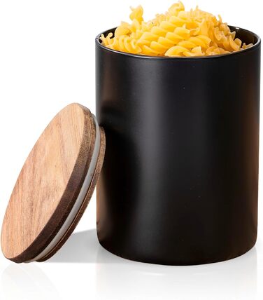 Контейнер для зберігання WENKO Mio, 1,0 л, круглий контейнер з боросилікатного скла з кришкою з акацієвого дерева, герметичне ущільнення завдяки силіконовому кільцю, Ø 11 x 14,5 см, чорний