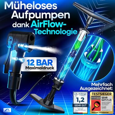 Велосипедний насос NEXTCOVER для всіх типів вентилів з технологією Airflow Насос для вентилів Schrader, Presta та Dunlop Підлоговий насос з манометром Велосипедний насос AirPro