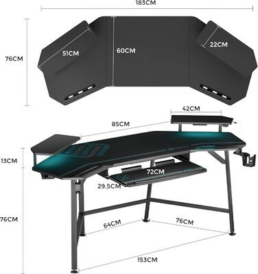 Ергономічний ігровий стіл EUREKA зі світлодіодним освітленням, великий ігровий стіл у формі крила 182x76 см, комп&39ютерний стіл з підставкою для клавіатури, 2 підставки для монітора, гачки для навушників для домашнього офісу, студії, прямих трансляцій, 1