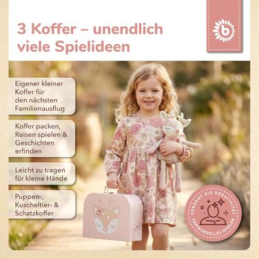 Дитячий набір валіз Bieco з 3 предметів &quotЕлла Мрійливі квіти&quot Картонні валізи Іграшкові валізи для дітей, декор для подорожей, рожевий